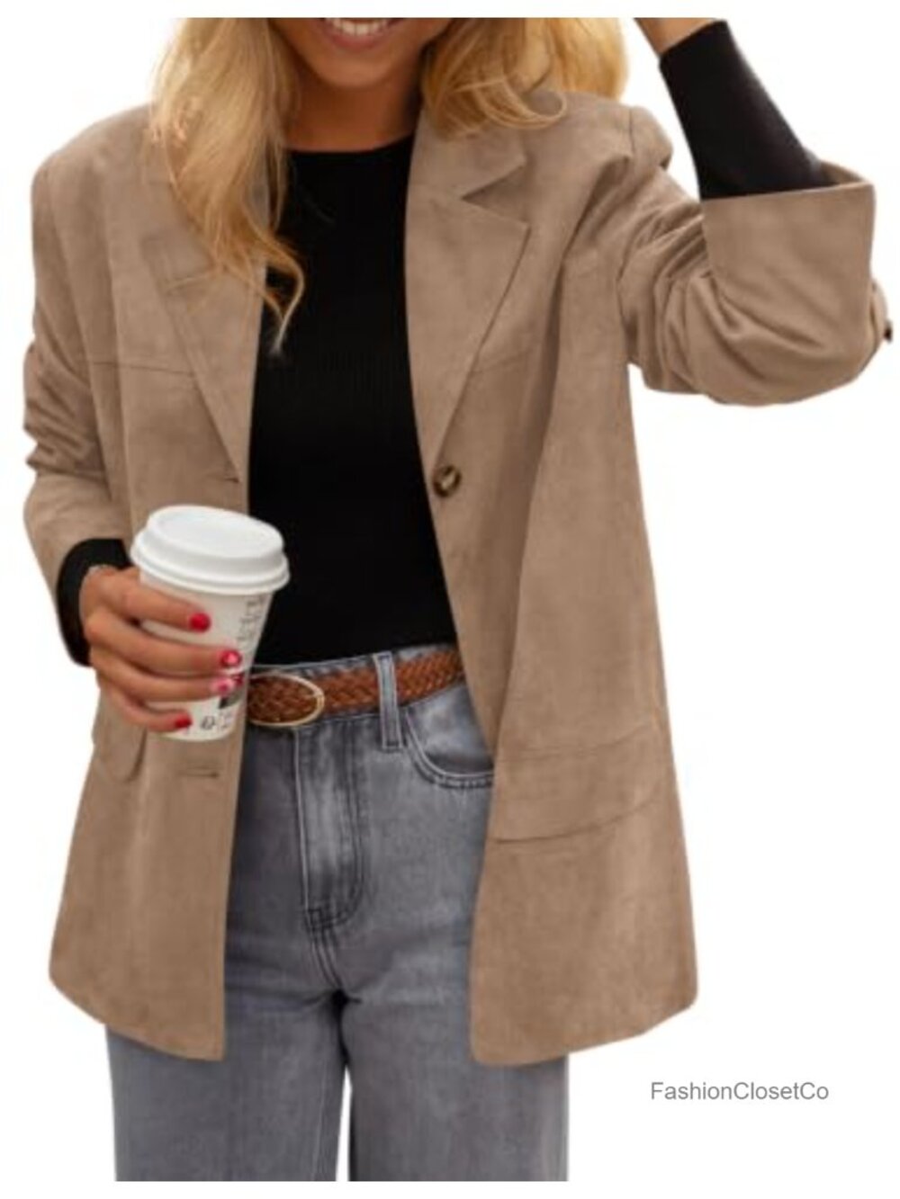 Faux Suede Blazer Button Down Long Sleeve Lapel Collar Jacket